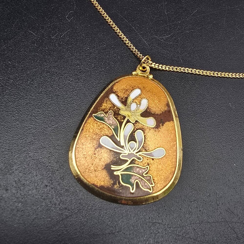 Brown Cloisonne Floral Pendant Necklace Gold Tone Chain Vintage NOS Fall Autumn